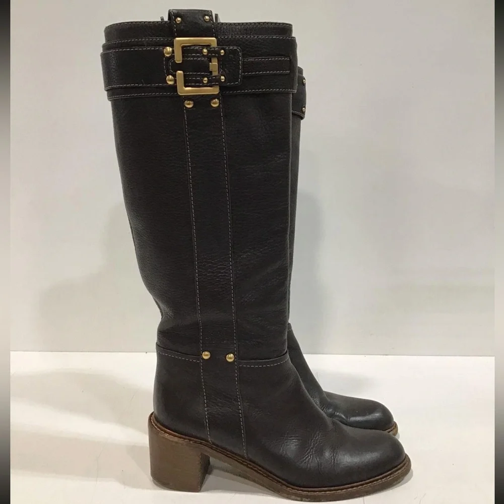 Women’s Chloe Paddington Elegant Brown Pebble Grain Leather Knee-High Boots 38.5